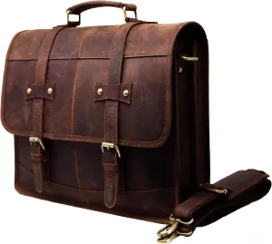 16" Mens Briefcase for Laptop Genuine Leather Messenger Bag for Men Satchel Distressed Stylish Professional Shoulder Bag