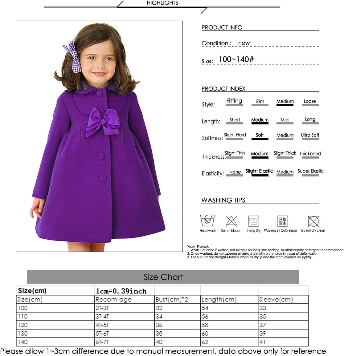 2-7T Toddler Girls Trench Coat Windbreaker Winter Warm Jacket Overcoat Cloak