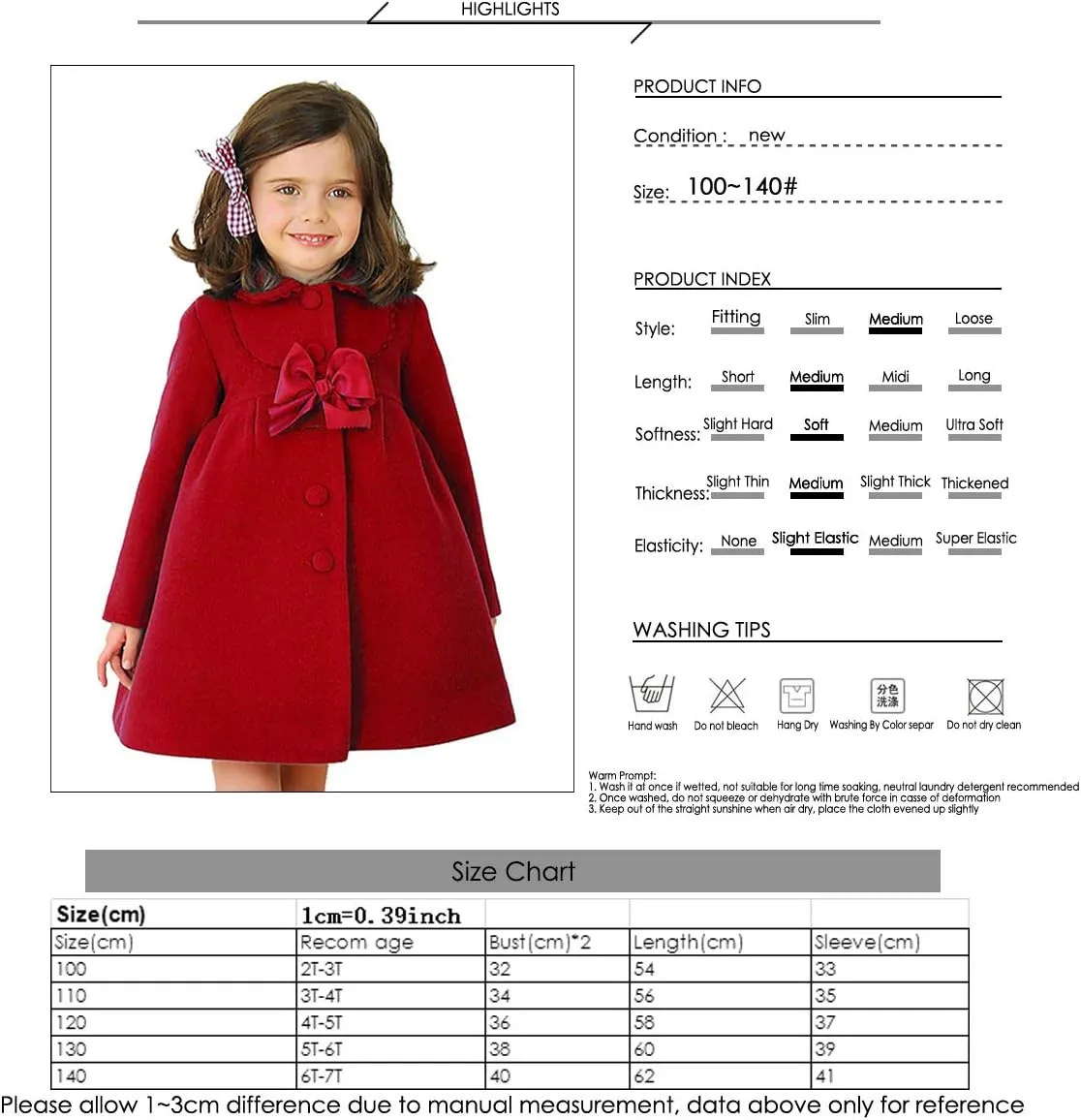 2-7T Toddler Girls Trench Coat Windbreaker Winter Warm Jacket Overcoat Cloak