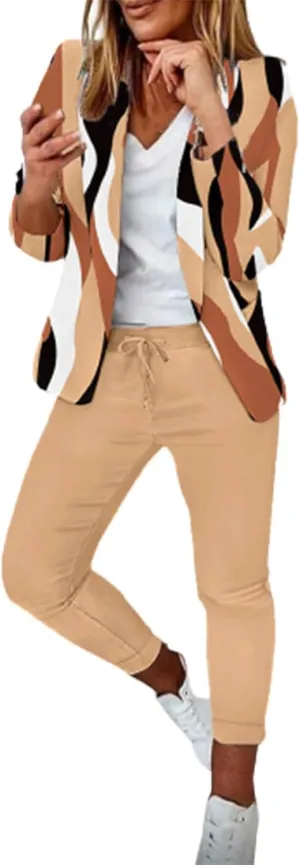 2 Piece Business Outfit for Women Lapel Long Sleeve Blazer Jacket and Cinch Bottom Pants Casual Elegant Print Suit Set