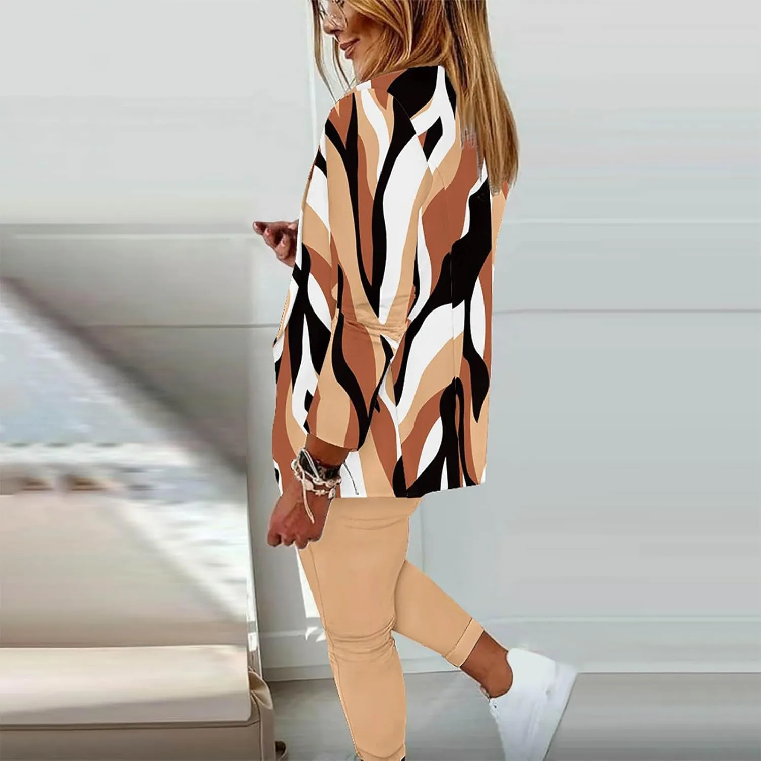 2 Piece Business Outfit for Women Lapel Long Sleeve Blazer Jacket and Cinch Bottom Pants Casual Elegant Print Suit Set