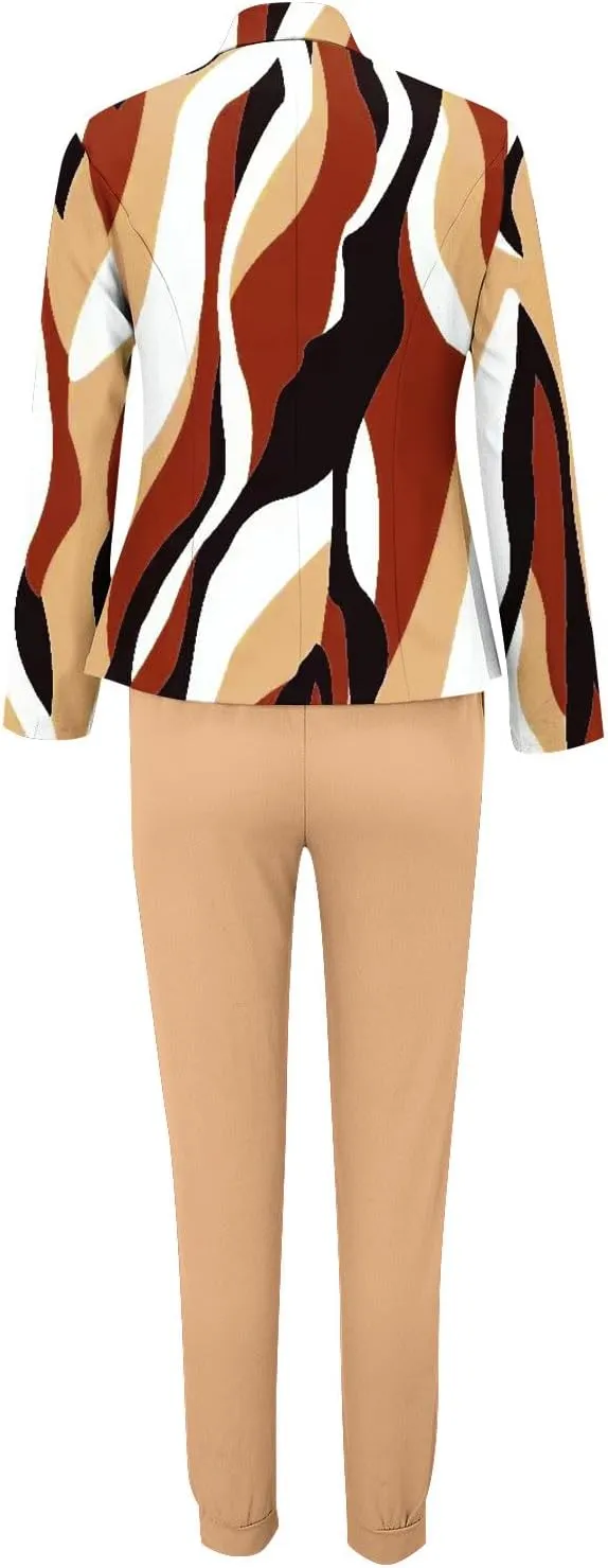 2 Piece Business Outfit for Women Lapel Long Sleeve Blazer Jacket and Cinch Bottom Pants Casual Elegant Print Suit Set