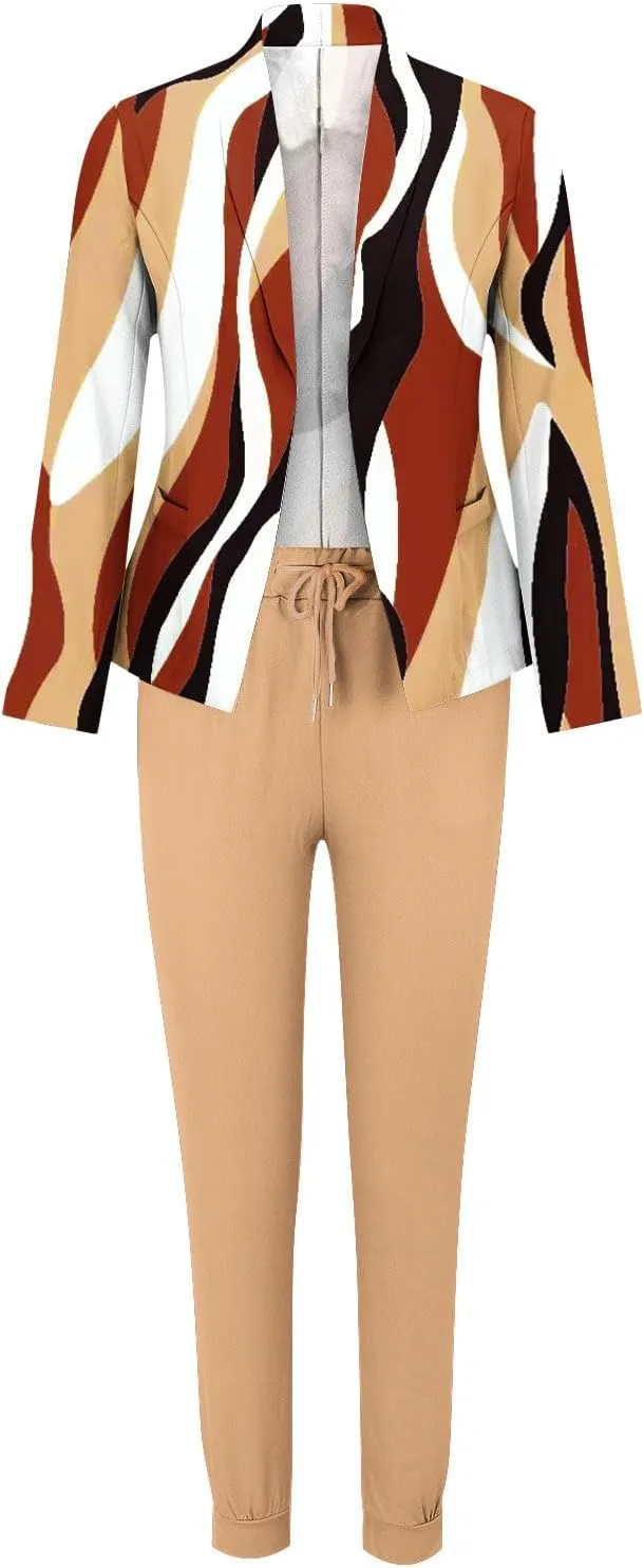 2 Piece Business Outfit for Women Lapel Long Sleeve Blazer Jacket and Cinch Bottom Pants Casual Elegant Print Suit Set