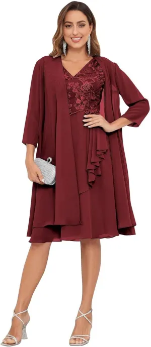 2 Pieces Mother of The Bride Dresses for Wedding Knee Length Lace Chiffon Evening Formal Gown