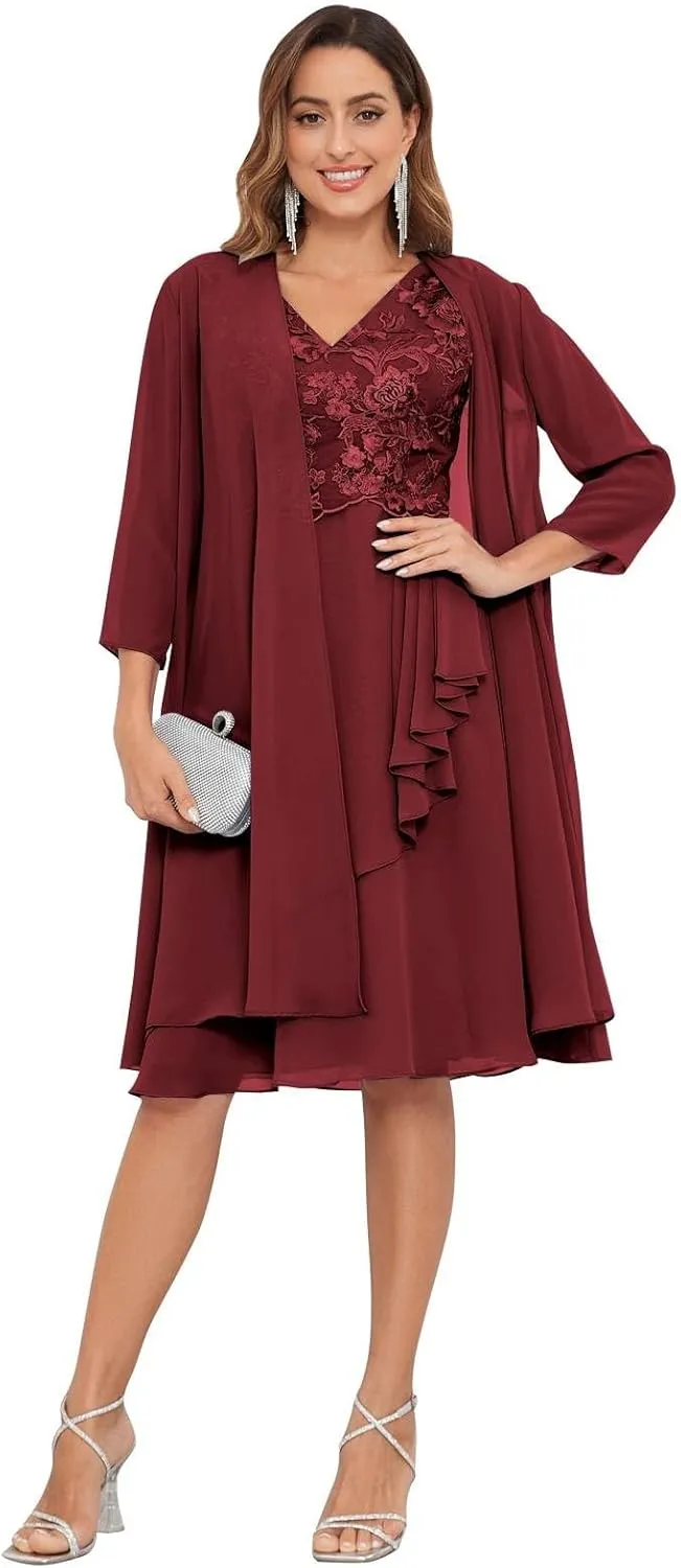 2 Pieces Mother of The Bride Dresses for Wedding Knee Length Lace Chiffon Evening Formal Gown