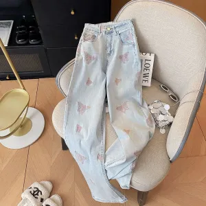 2025 Spring/Summer Korean Light Blue Heavy Embroidery Butterfly High-Waist Straight-Leg Jeans – Slim Wide-Leg Design