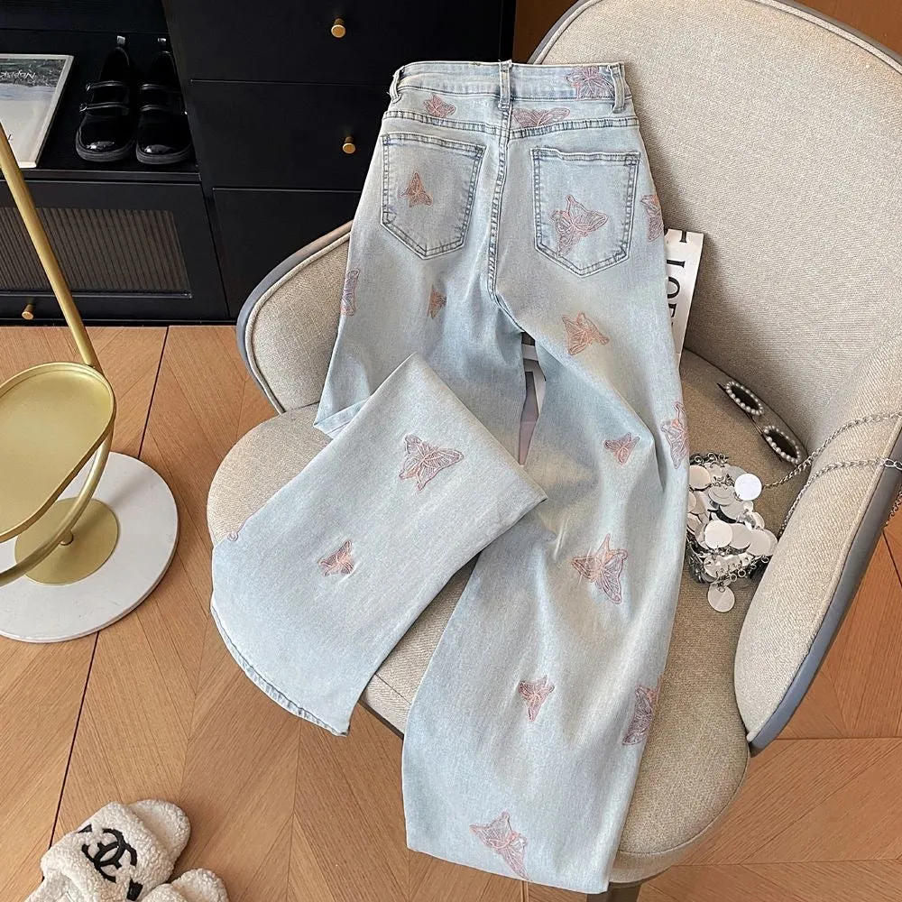 2025 Spring/Summer Korean Light Blue Heavy Embroidery Butterfly High-Waist Straight-Leg Jeans – Slim Wide-Leg Design