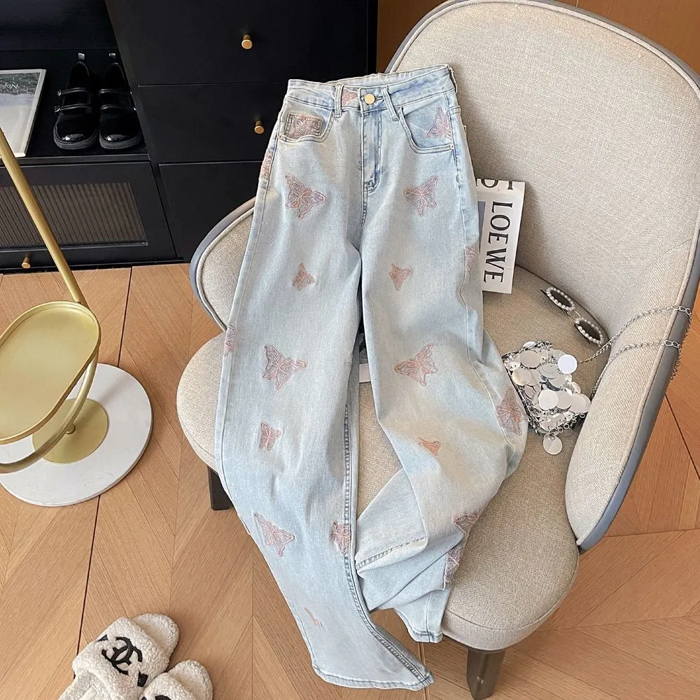 2025 Spring/Summer Korean Light Blue Heavy Embroidery Butterfly High-Waist Straight-Leg Jeans – Slim Wide-Leg Design