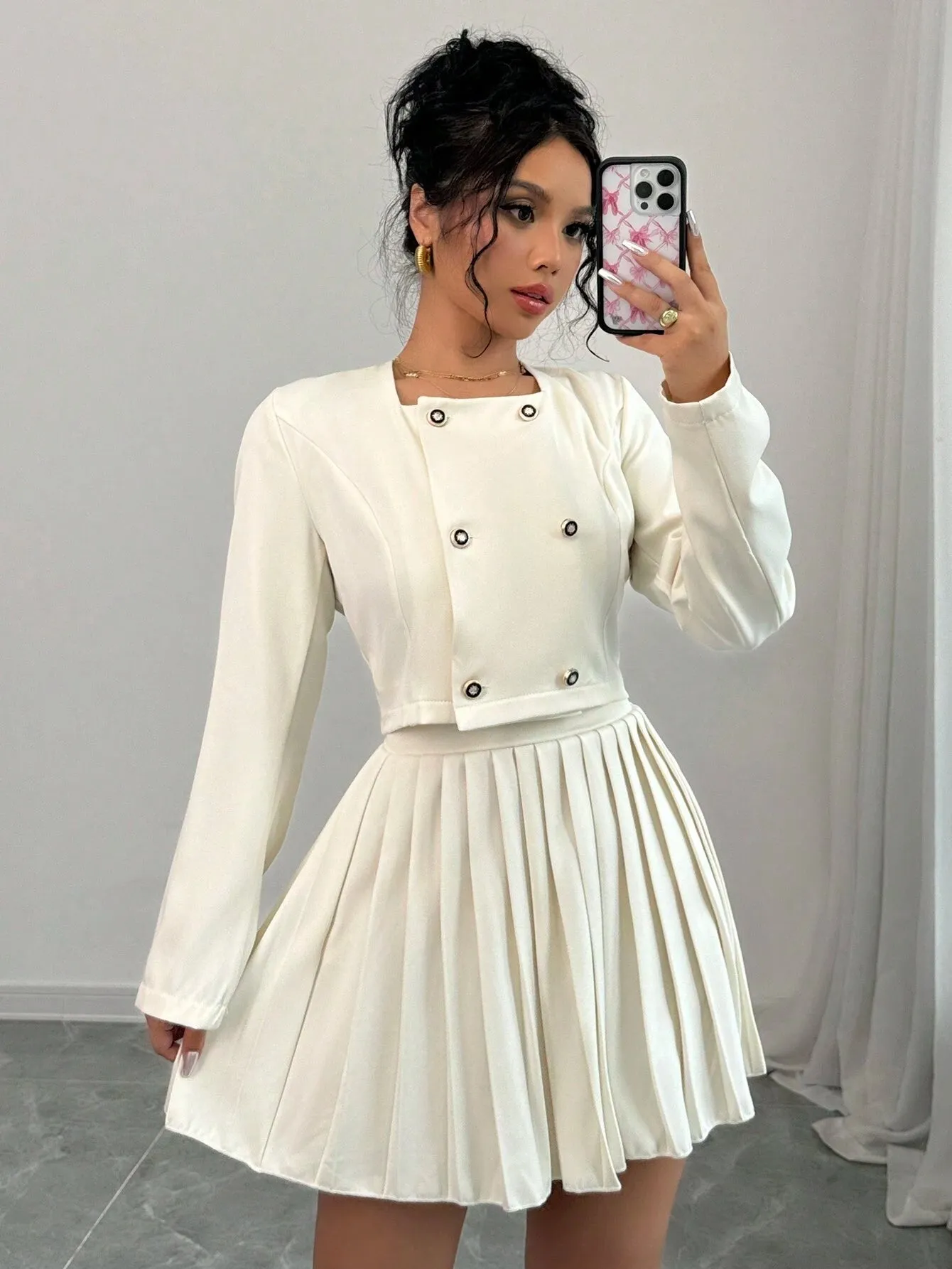 2pcs Women's Button Up Long Sleeve Top And Elegant Pleated Skirt Set