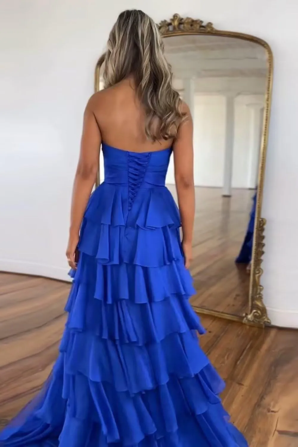 3D Flower Tiered Prom Dresses for Women 2025 Chiffon Strapless A line Long Ruffles Formal Evening Gowns with Slit