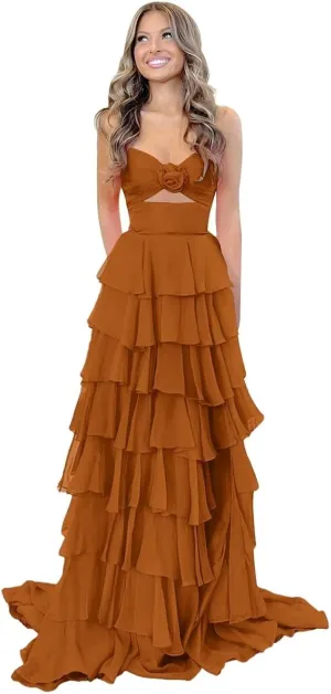 3D Flower Tiered Prom Dresses for Women 2025 Chiffon Strapless A line Long Ruffles Formal Evening Gowns with Slit