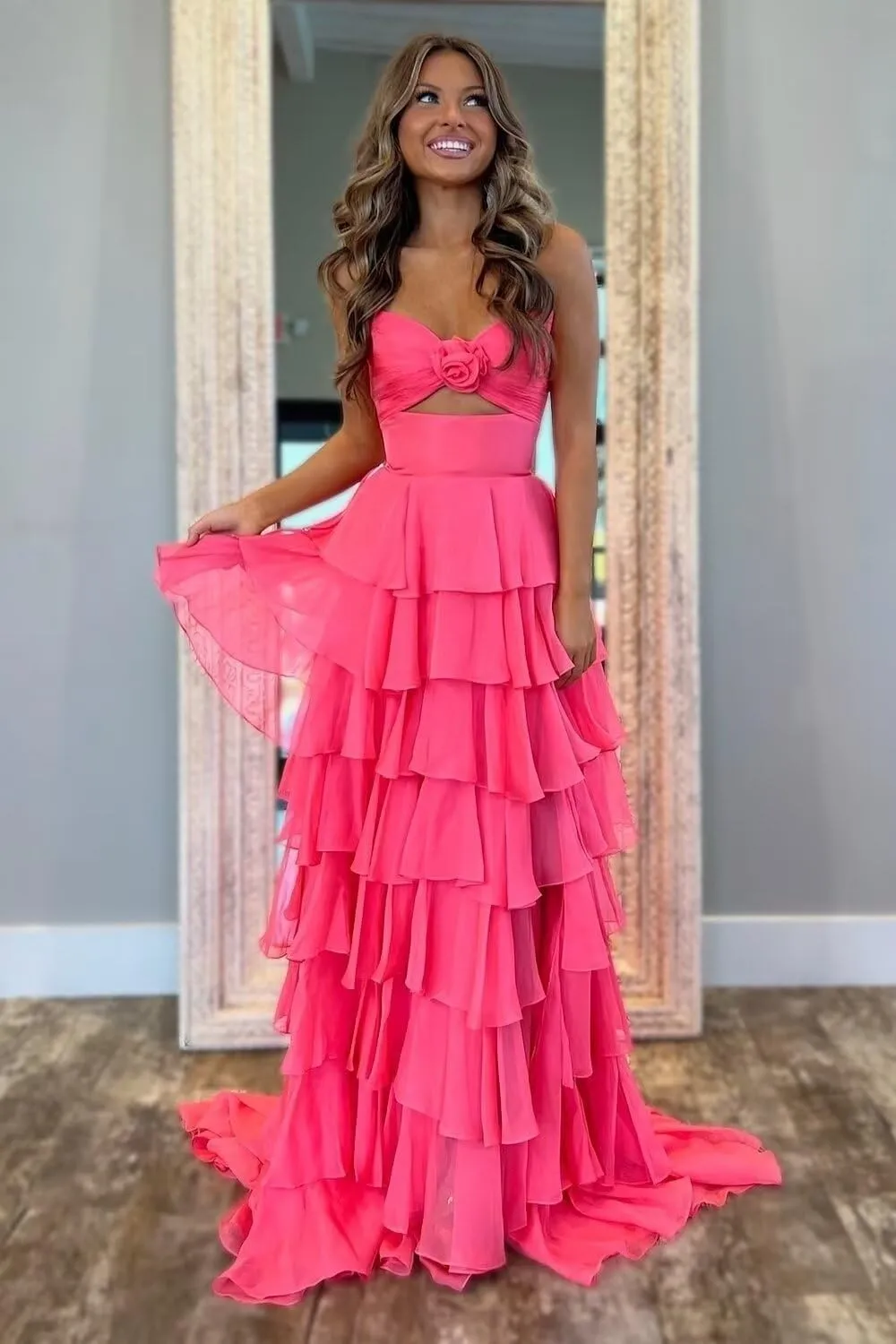 3D Flower Tiered Prom Dresses for Women 2025 Chiffon Strapless A line Long Ruffles Formal Evening Gowns with Slit
