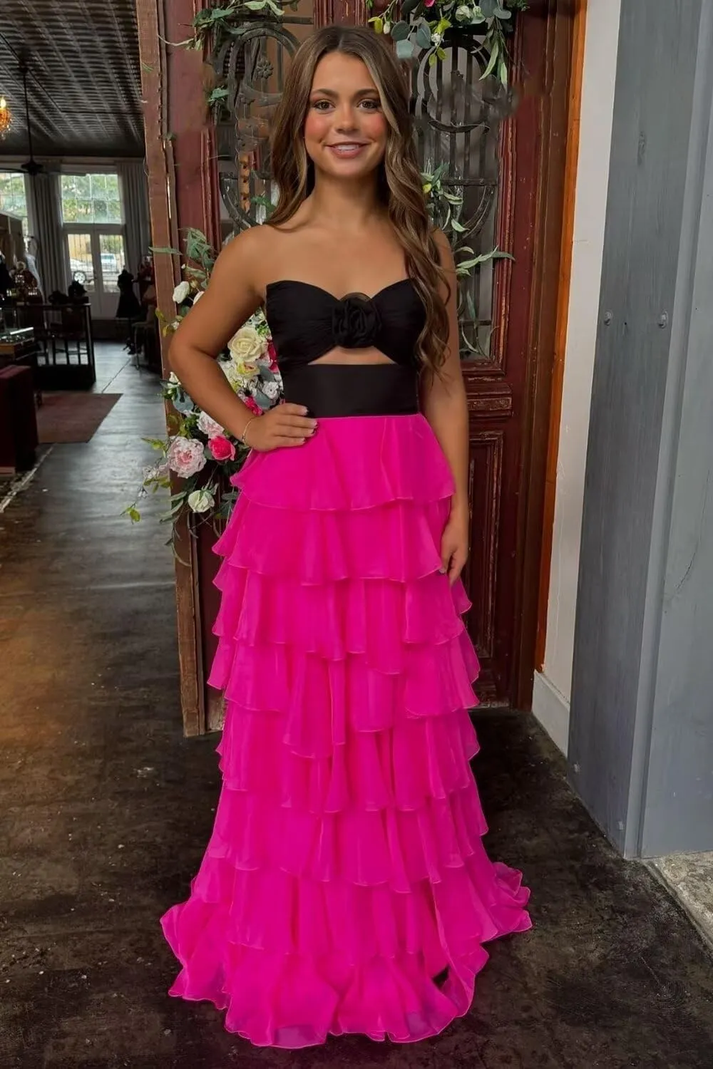 3D Flower Tiered Prom Dresses for Women 2025 Chiffon Strapless A line Long Ruffles Formal Evening Gowns with Slit