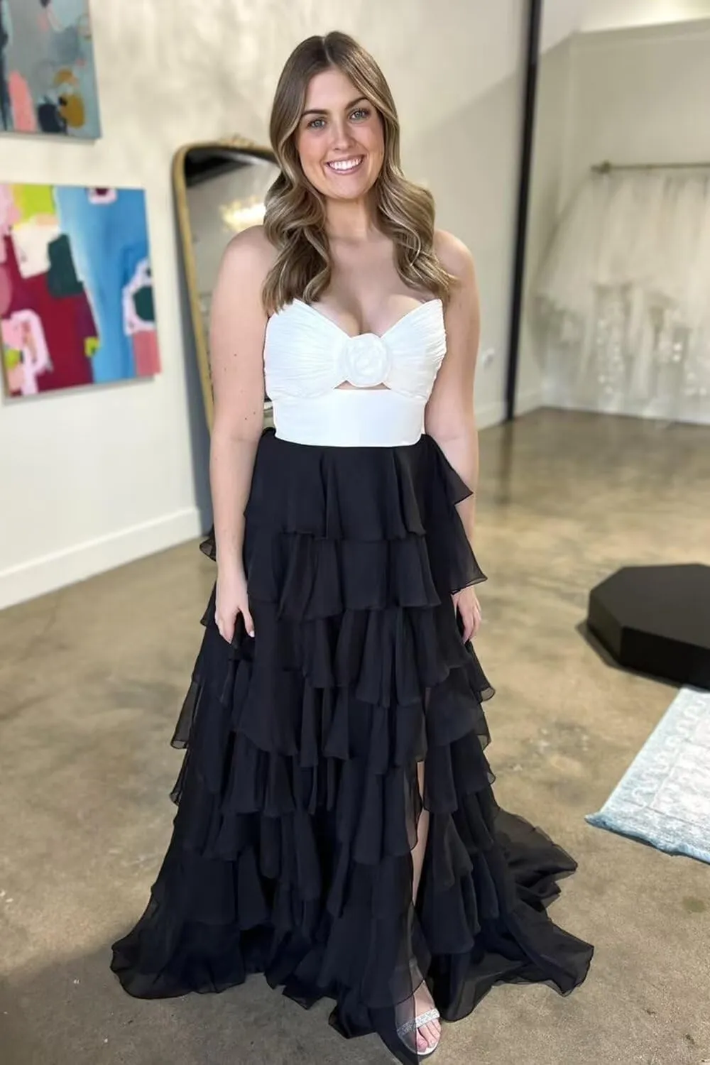 3D Flower Tiered Prom Dresses for Women 2025 Chiffon Strapless A line Long Ruffles Formal Evening Gowns with Slit