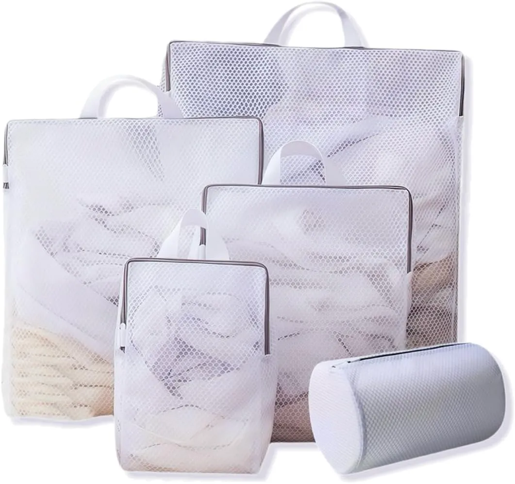 5-Size Mesh Laundry Bags with Handles for Delicates, Honeycomb Wash Bags for Bras/Sweaters/Bedding, Hidden Zipper Garment Protector