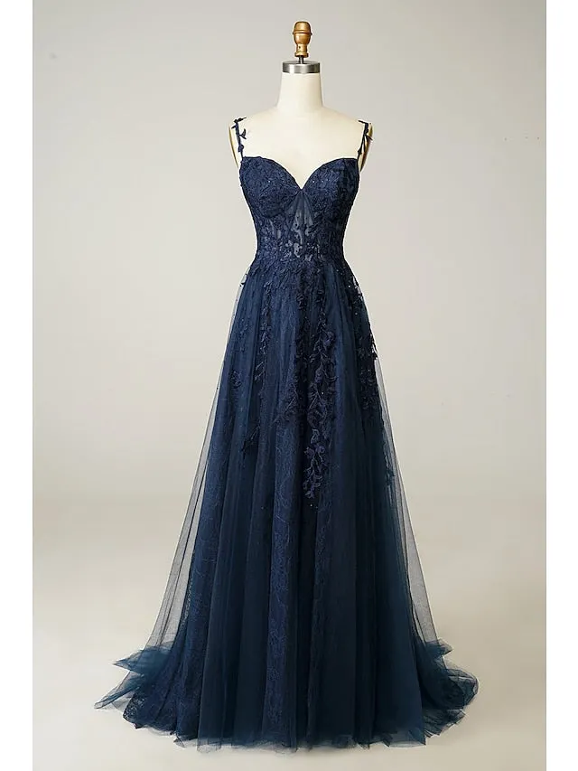 A-Line Prom Dresses See Through Dress Formal Sweep / Brush Train Sleeveless Sweetheart Tulle Backless with Beading Slit Appliques 2023