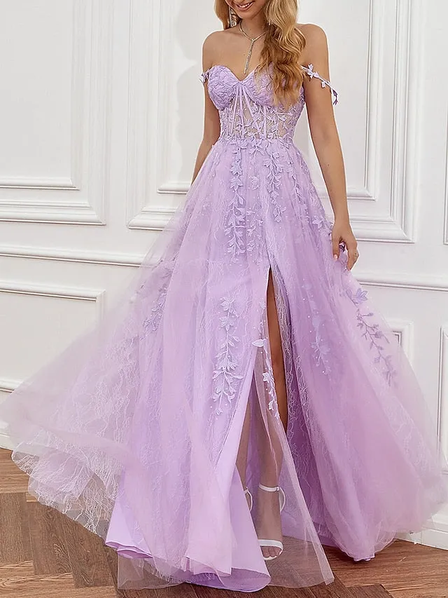 A-Line Prom Dresses See Through Dress Formal Sweep / Brush Train Sleeveless Sweetheart Tulle Backless with Beading Slit Appliques 2023
