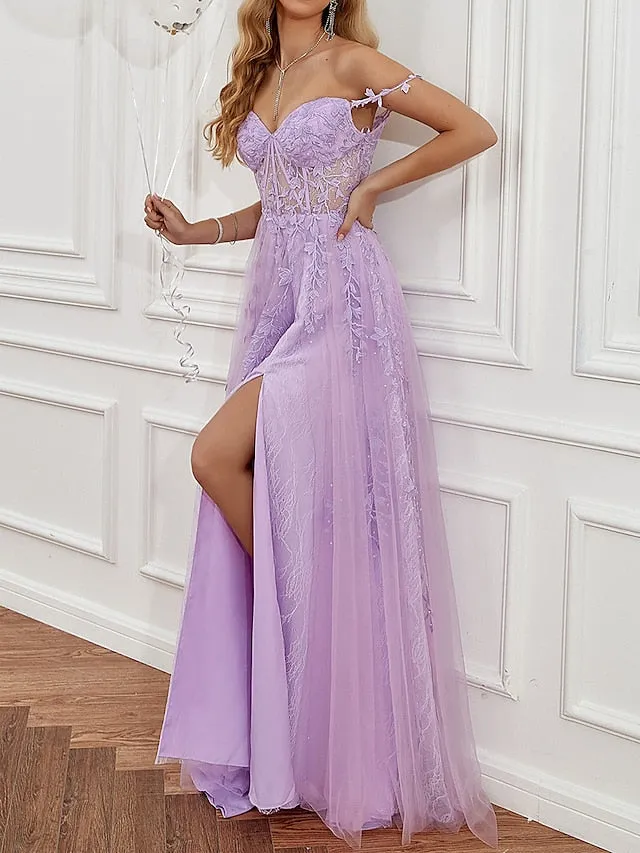 A-Line Prom Dresses See Through Dress Formal Sweep / Brush Train Sleeveless Sweetheart Tulle Backless with Beading Slit Appliques 2023