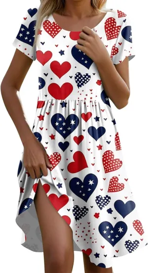 American Flag Dress for Women Independence Day Round Neck Loose Fit Midi Elegant Holiday Party Cocktail with Pockets