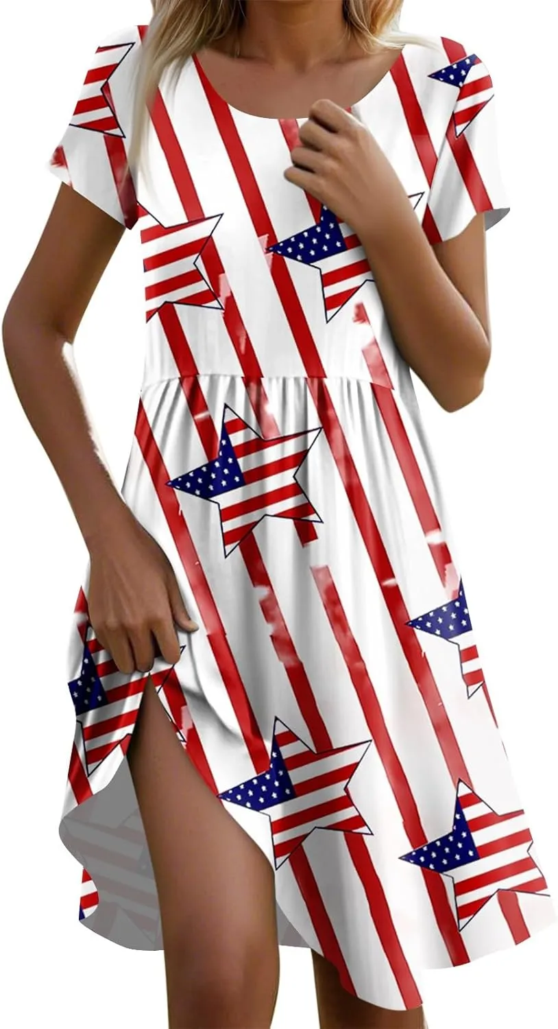 American Flag Dress for Women Independence Day Round Neck Loose Fit Midi Elegant Holiday Party Cocktail with Pockets