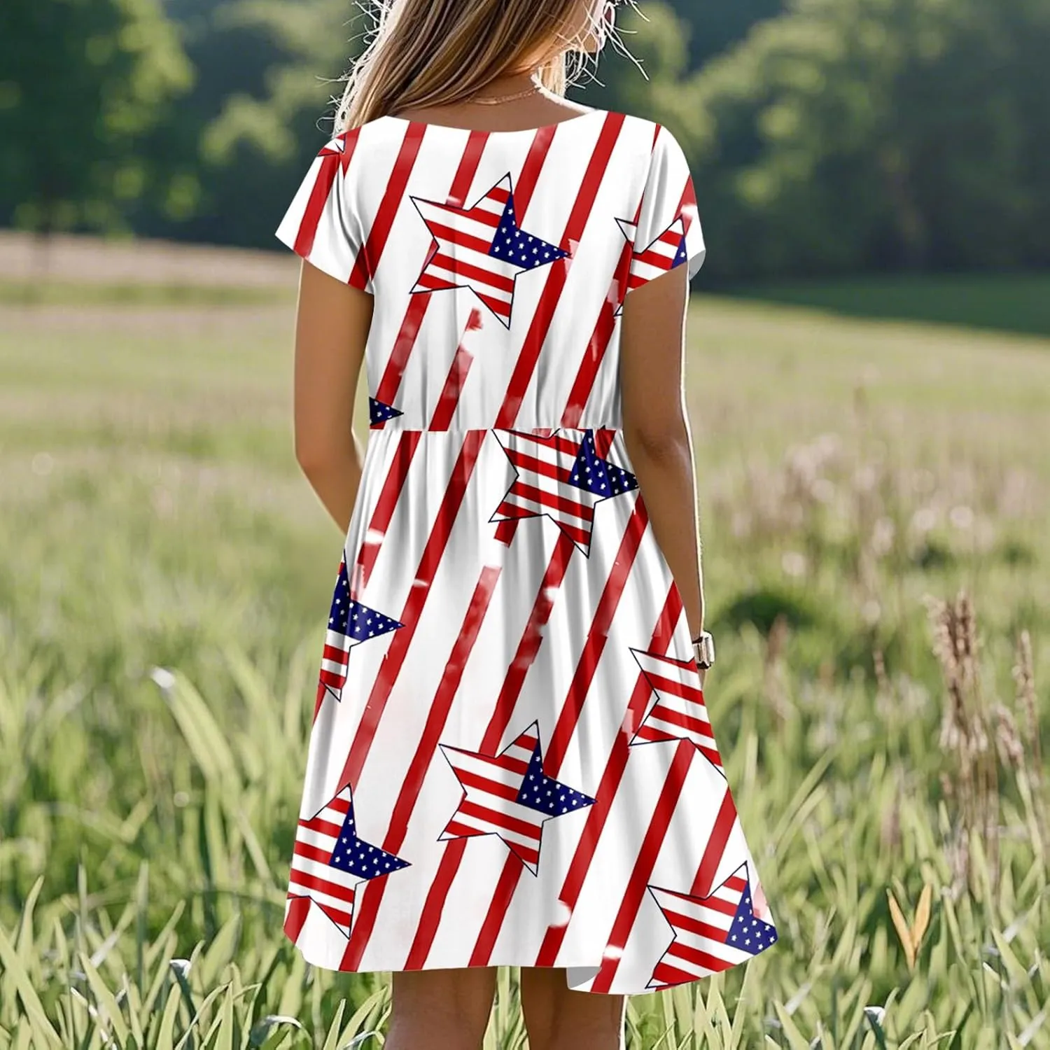 American Flag Dress for Women Independence Day Round Neck Loose Fit Midi Elegant Holiday Party Cocktail with Pockets