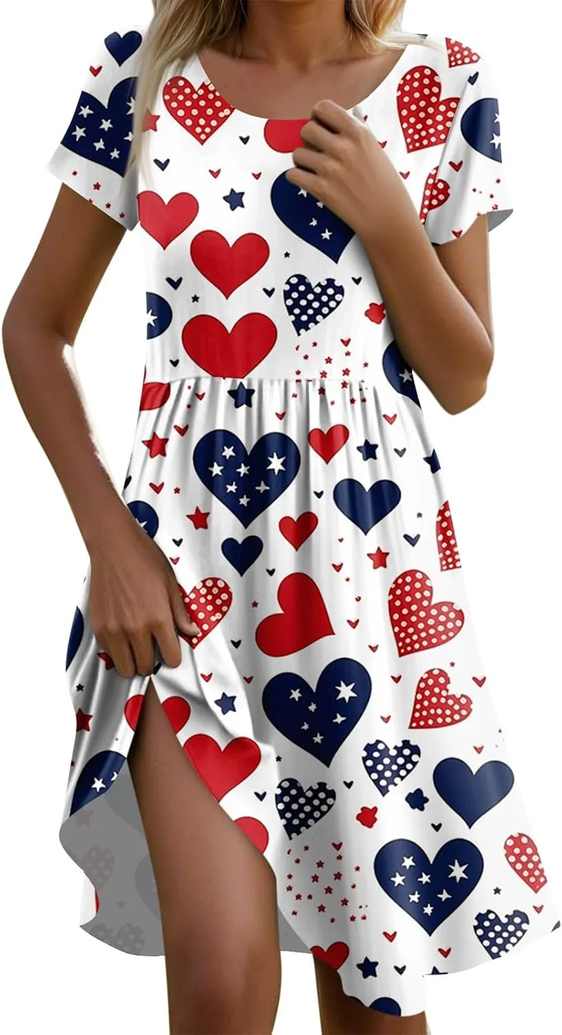 American Flag Dress for Women Independence Day Round Neck Loose Fit Midi Elegant Holiday Party Cocktail with Pockets