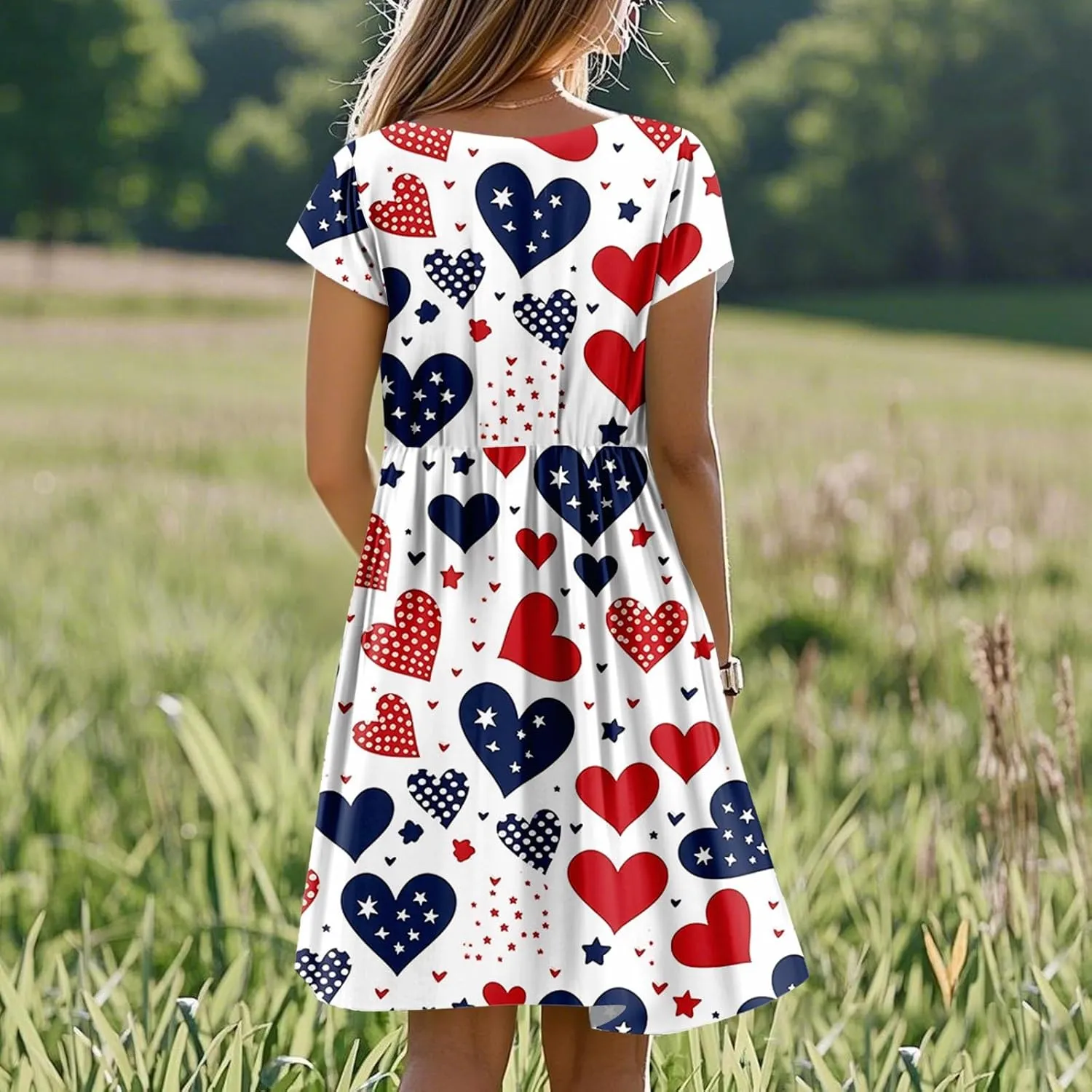 American Flag Dress for Women Independence Day Round Neck Loose Fit Midi Elegant Holiday Party Cocktail with Pockets