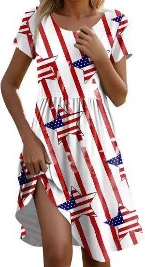 American Flag Dress for Women Independence Day Round Neck Loose Fit Midi Elegant Holiday Party Cocktail with Pockets
