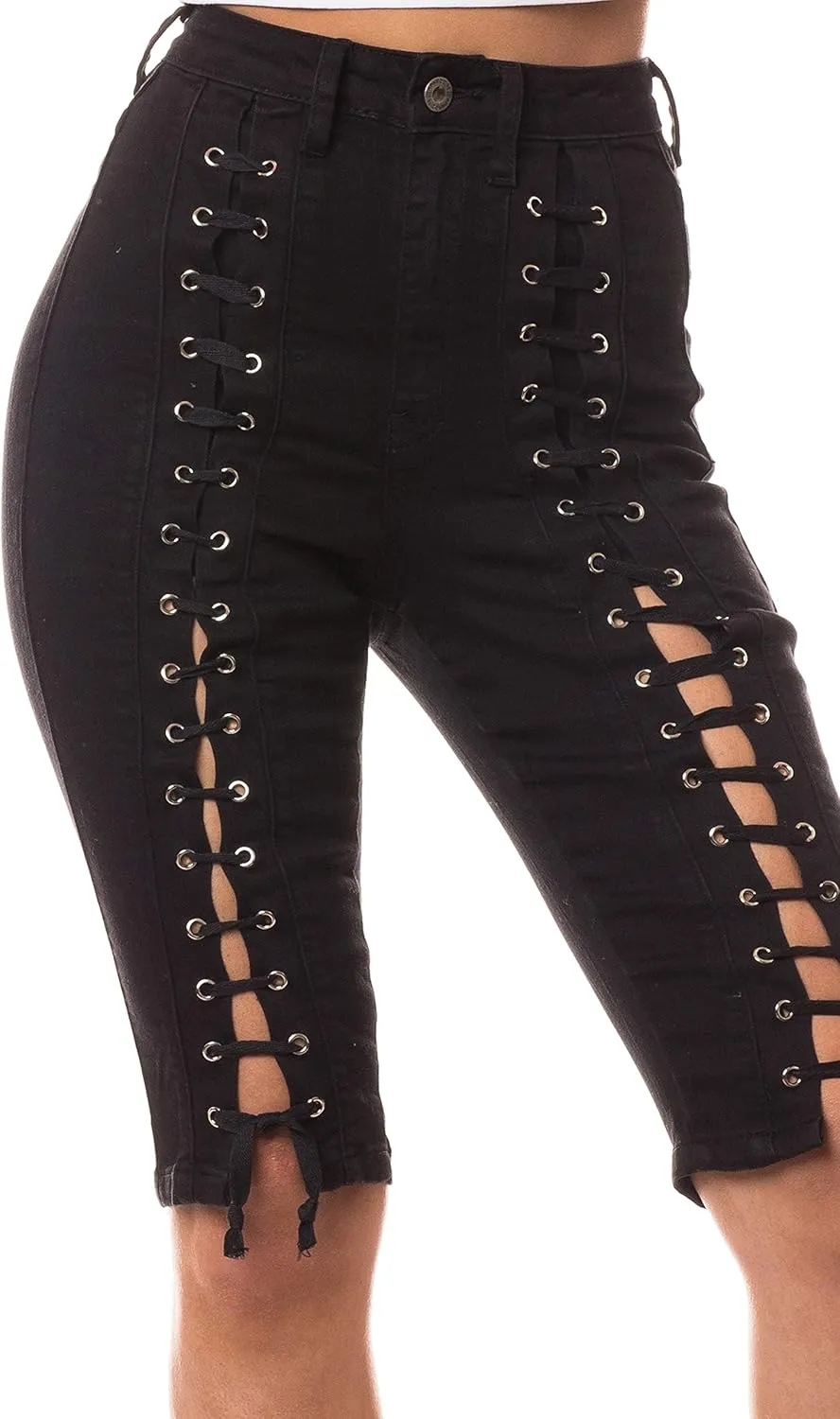 Aphrodite Denim Bermuda Shorts Jeans  Women's Lace Up High Waisted Skinny Fit Fashion Knee Length Cropped Pants