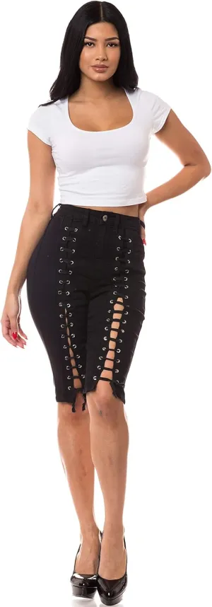 Aphrodite Denim Bermuda Shorts Jeans  Women's Lace Up High Waisted Skinny Fit Fashion Knee Length Cropped Pants