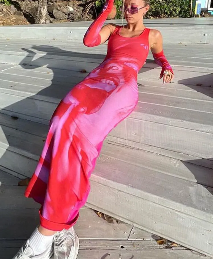 Art Print Maxi Dress Women Straps Sleeveless With Gloves Slim Long Dresses Femal Hipster Streetwear Elegant Vestido