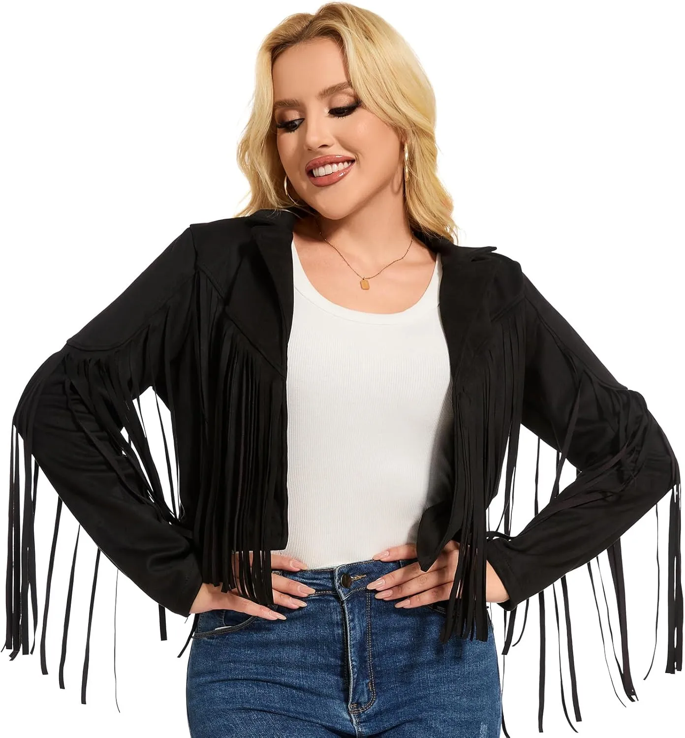 ATAMET 70s Women's Fringe Faux Suede Leather Jackets 60s Party Costume, Halloween 2025 Fashion Tassel Motorcycle Coats