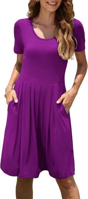 AUSELILY Women Summer Short Sleeve Pleated Dress, Fashion Loose Swing Knee Length Comfortable Peplum Skirt