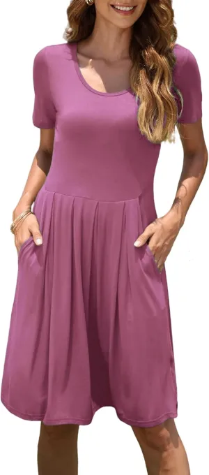 AUSELILY Women Summer Short Sleeve Pleated Dress, Fashion Loose Swing Knee Length Comfortable Peplum Skirt
