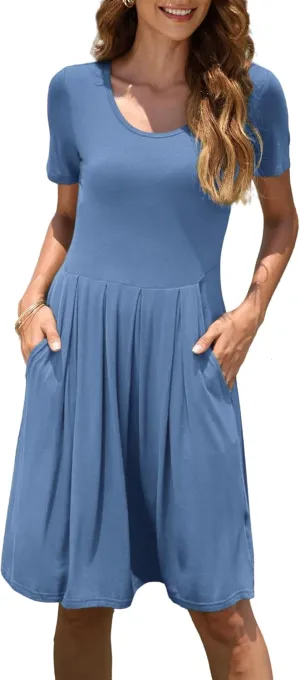 AUSELILY Women Summer Short Sleeve Pleated Dress, Fashion Loose Swing Knee Length Comfortable Peplum Skirt