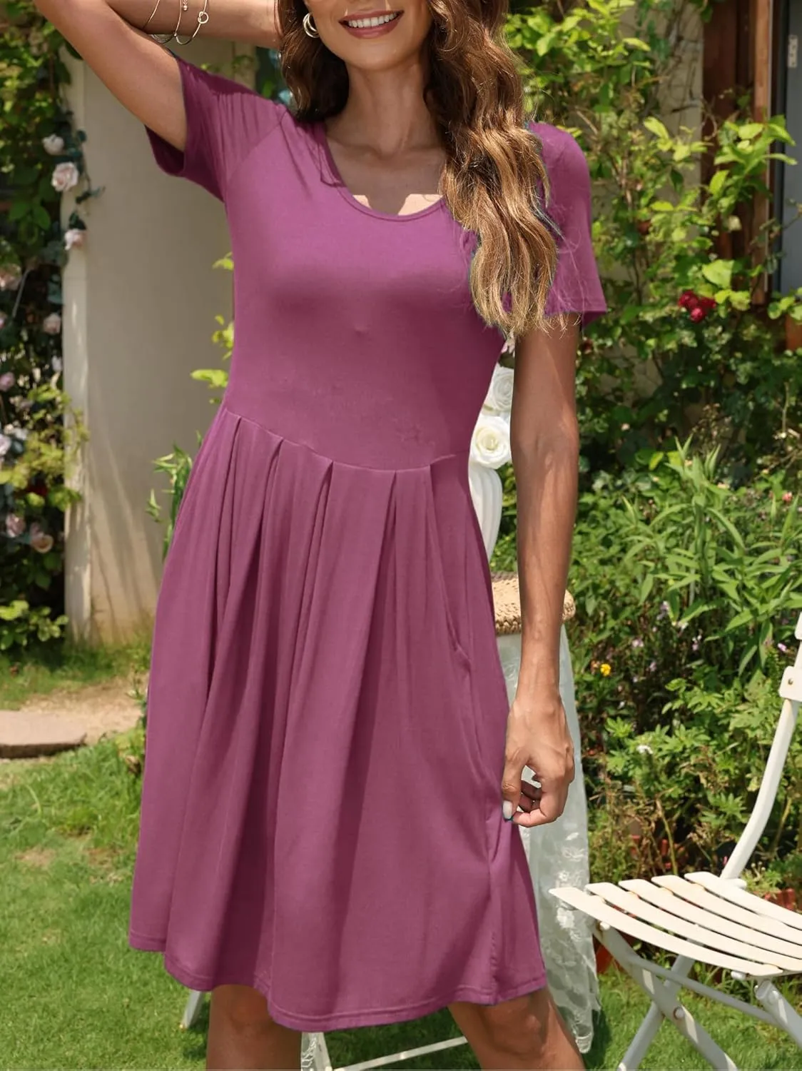 AUSELILY Women Summer Short Sleeve Pleated Dress, Fashion Loose Swing Knee Length Comfortable Peplum Skirt