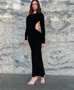 Autumn Ribbed Elegant Maxi Dress Women O-Collar Long Sleeve Backless Split Slim Sexy Streetwear Robe Outing Dresses