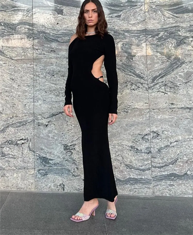 Autumn Ribbed Elegant Maxi Dress Women O-Collar Long Sleeve Backless Split Slim Sexy Streetwear Robe Outing Dresses