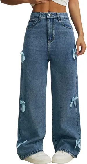 Baggy Jeans for Teen Girls Woman Bow Jeans High Waist Wide Leg Loose Pants Casual Streetwear Cute Clothes