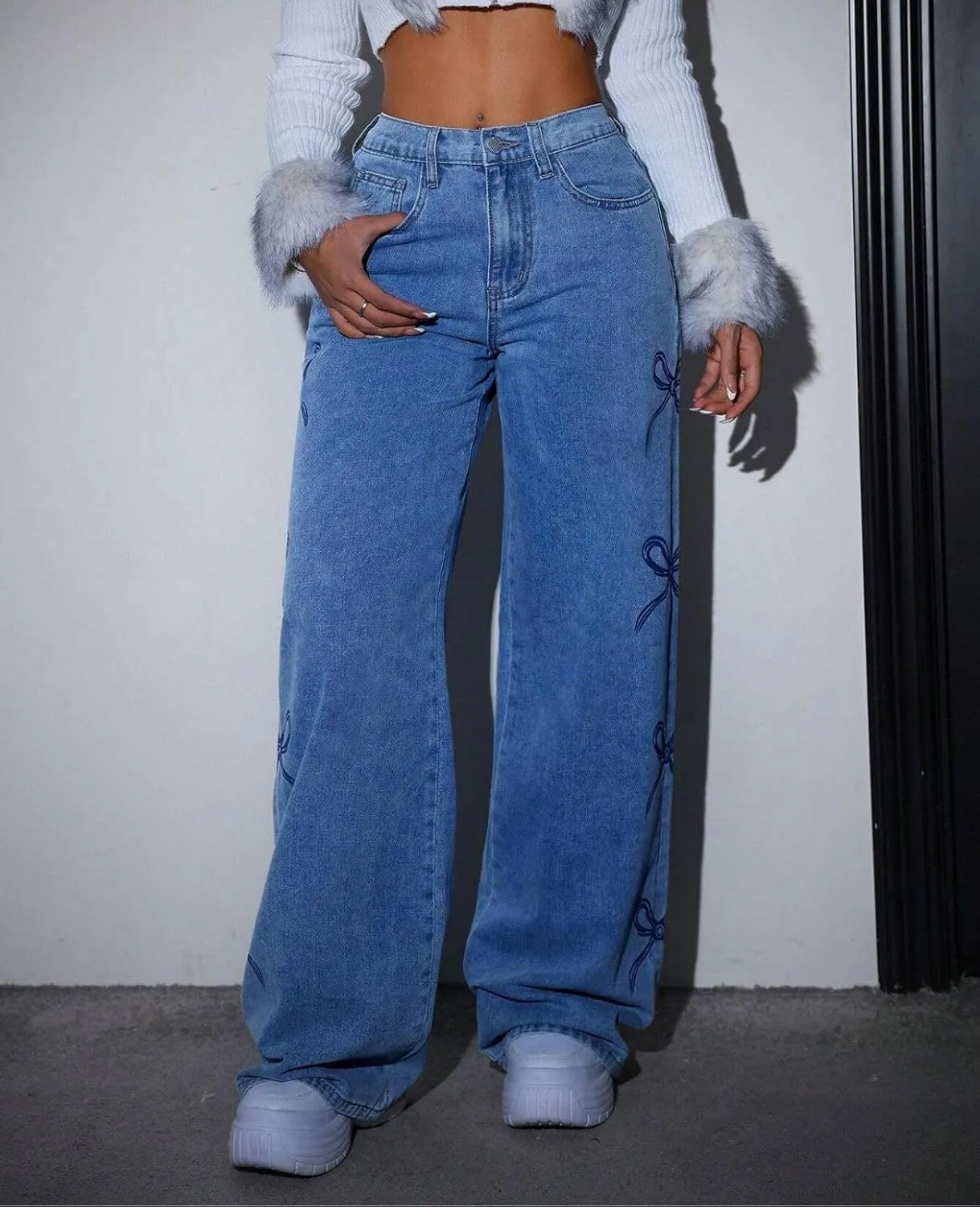 Baggy Jeans for Teen Girls Woman Bow Jeans High Waist Wide Leg Loose Pants Casual Streetwear Cute Clothes