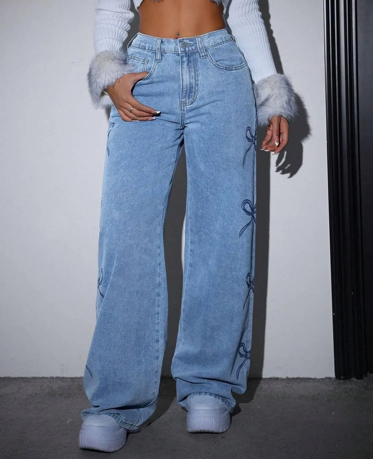 Baggy Jeans for Teen Girls Woman Bow Jeans High Waist Wide Leg Loose Pants Casual Streetwear Cute Clothes
