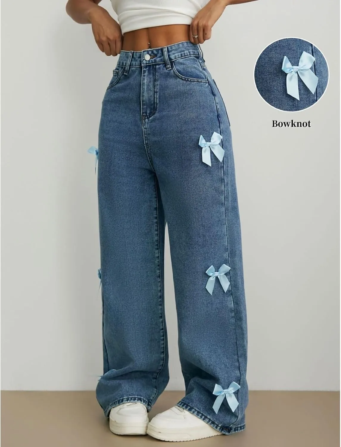 Baggy Jeans for Teen Girls Woman Bow Jeans High Waist Wide Leg Loose Pants Casual Streetwear Cute Clothes