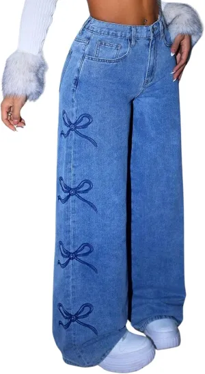 Baggy Jeans for Teen Girls Woman Bow Jeans High Waist Wide Leg Loose Pants Casual Streetwear Cute Clothes