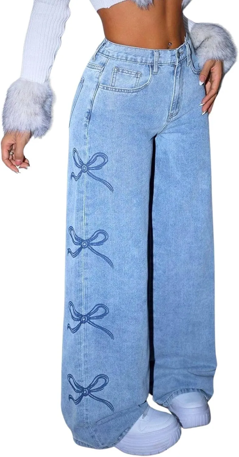 Baggy Jeans for Teen Girls Woman Bow Jeans High Waist Wide Leg Loose Pants Casual Streetwear Cute Clothes