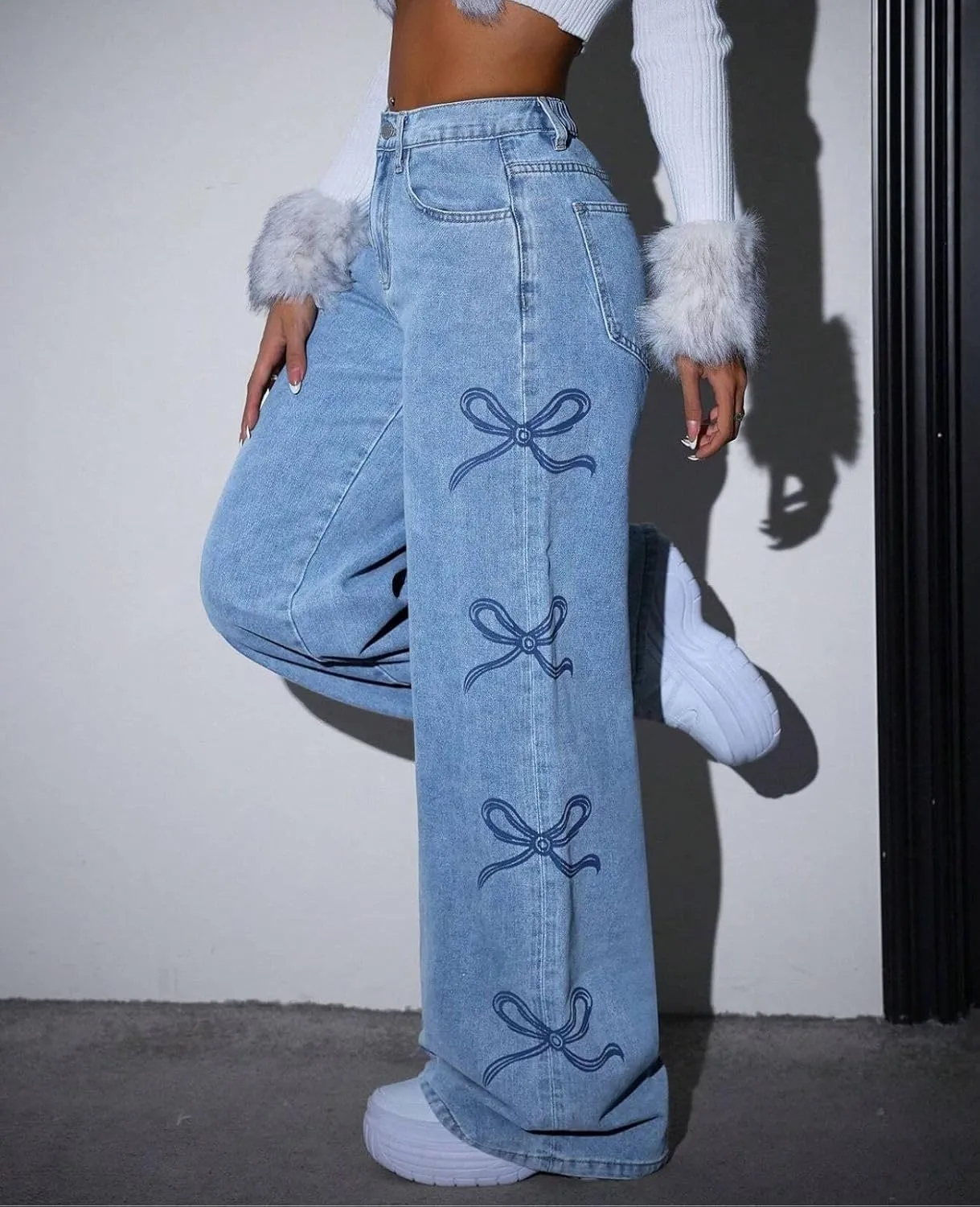 Baggy Jeans for Teen Girls Woman Bow Jeans High Waist Wide Leg Loose Pants Casual Streetwear Cute Clothes
