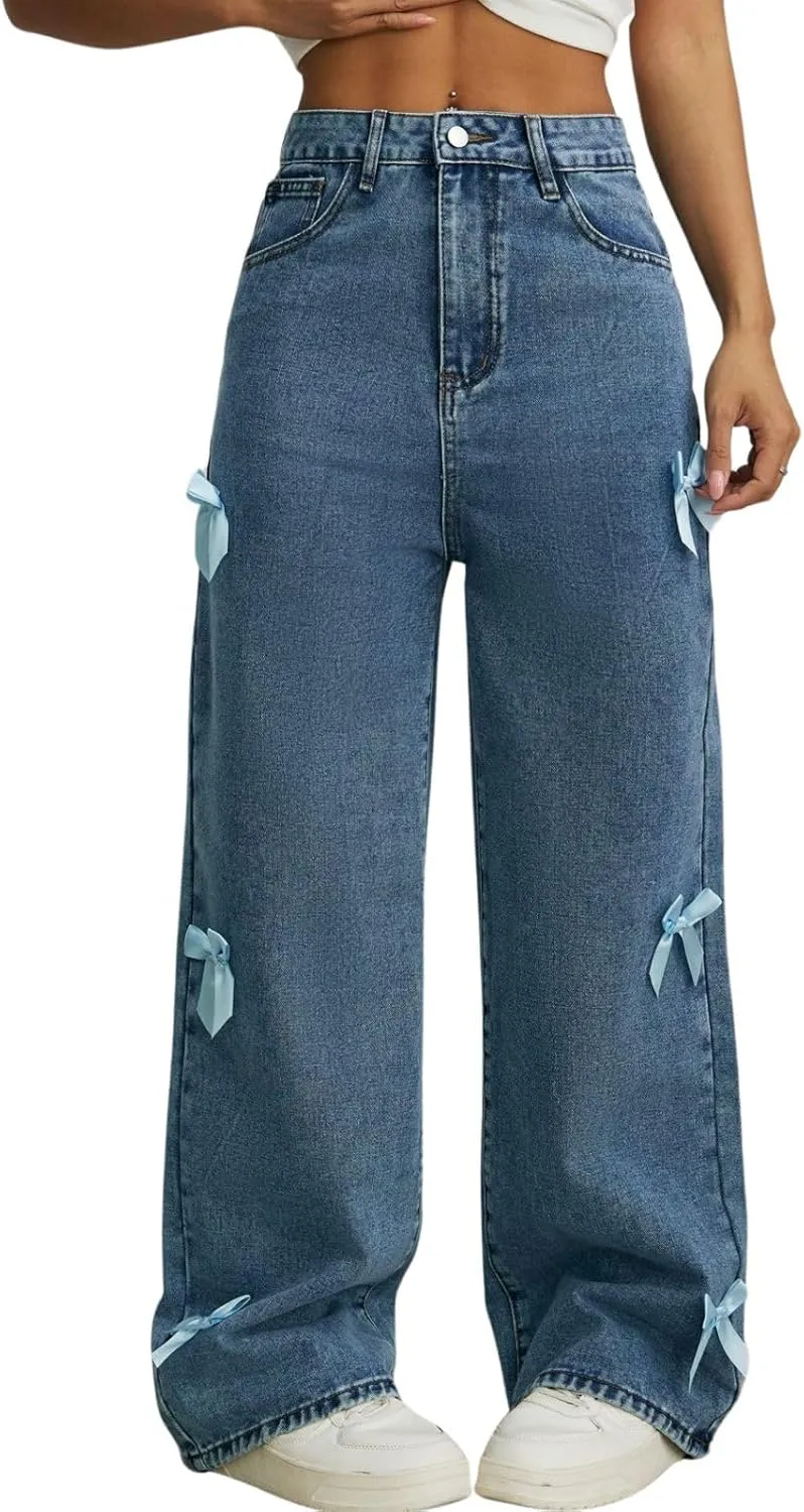 Baggy Jeans for Teen Girls Woman Bow Jeans High Waist Wide Leg Loose Pants Casual Streetwear Cute Clothes