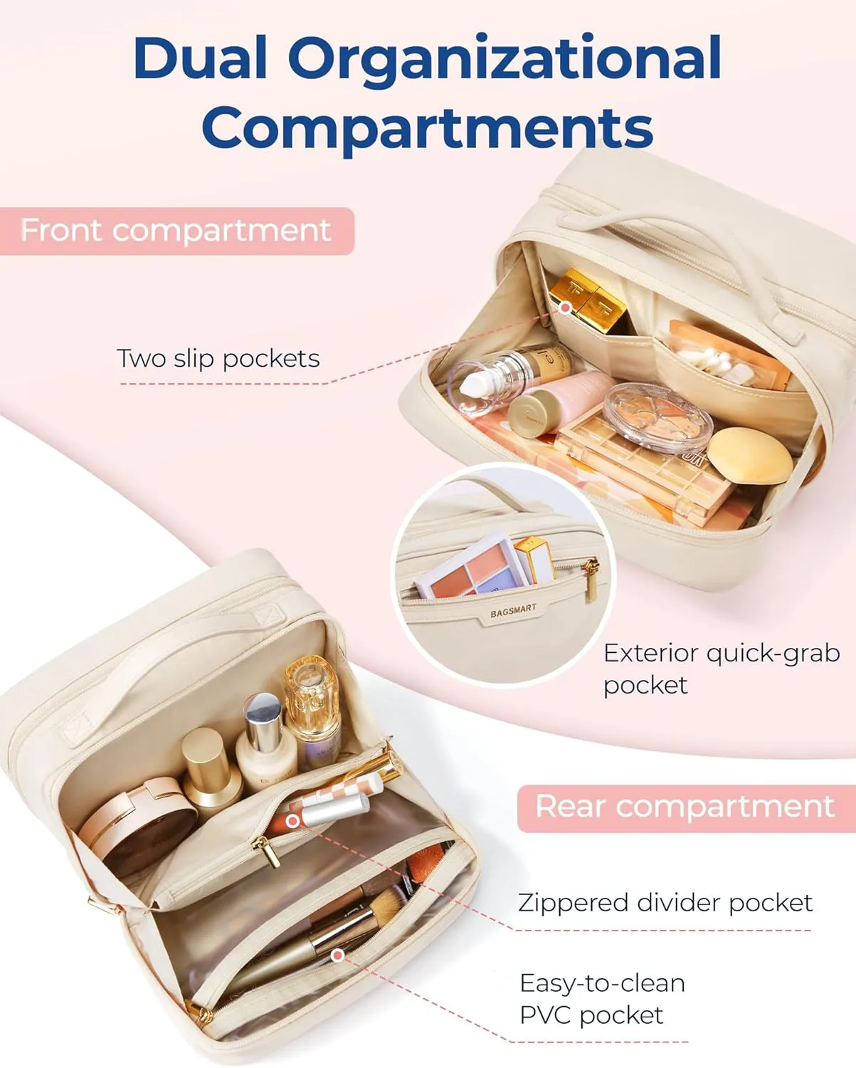 BAGSMART Travel Makeup Bag Large Capacity Cosmetic Bag, Wide-open Portable Make Up Bag Organizer for Women for Travel Essentials Travel-Size Toiletries Accessories Bottles, Brushes (Warm Gray)