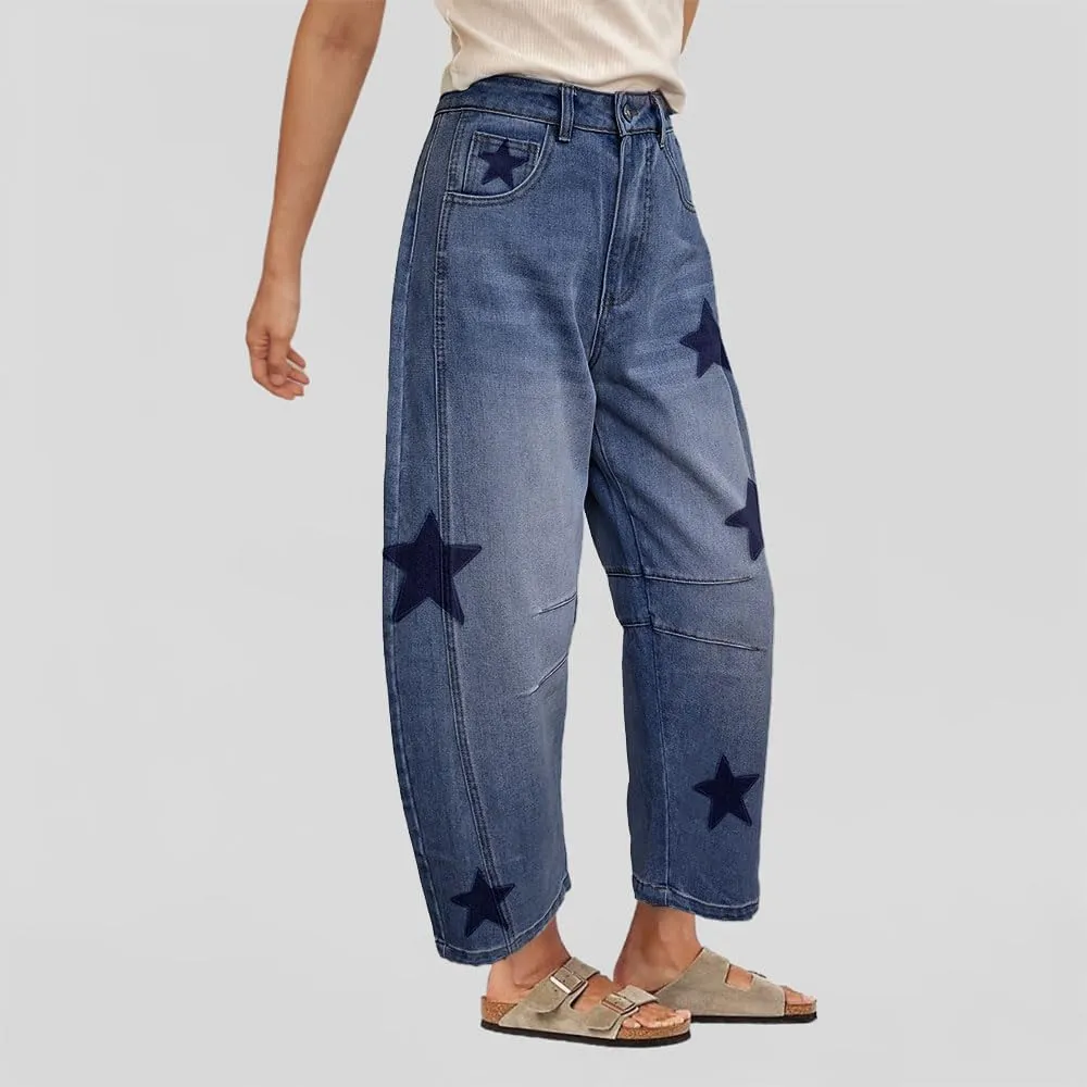 Barrel Jeans for Women Baggy Star Printed Horseshoe Jeans Mid Rise Wide Leg Cropped Ankle Denim Pants