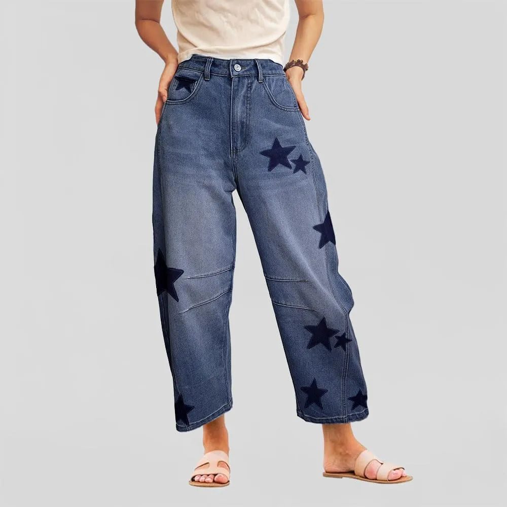 Barrel Jeans for Women Baggy Star Printed Horseshoe Jeans Mid Rise Wide Leg Cropped Ankle Denim Pants