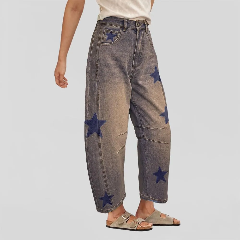 Barrel Jeans for Women Baggy Star Printed Horseshoe Jeans Mid Rise Wide Leg Cropped Ankle Denim Pants